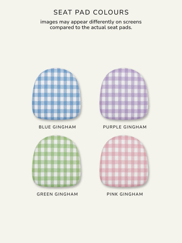 Four customizable seat pads for the Chiavari Chair - Mahogany, displayed in a grid with blue, purple, green, and pink gingham patterns. Labels show each color; note that screen colors may vary. Ideal for stylish event seating.